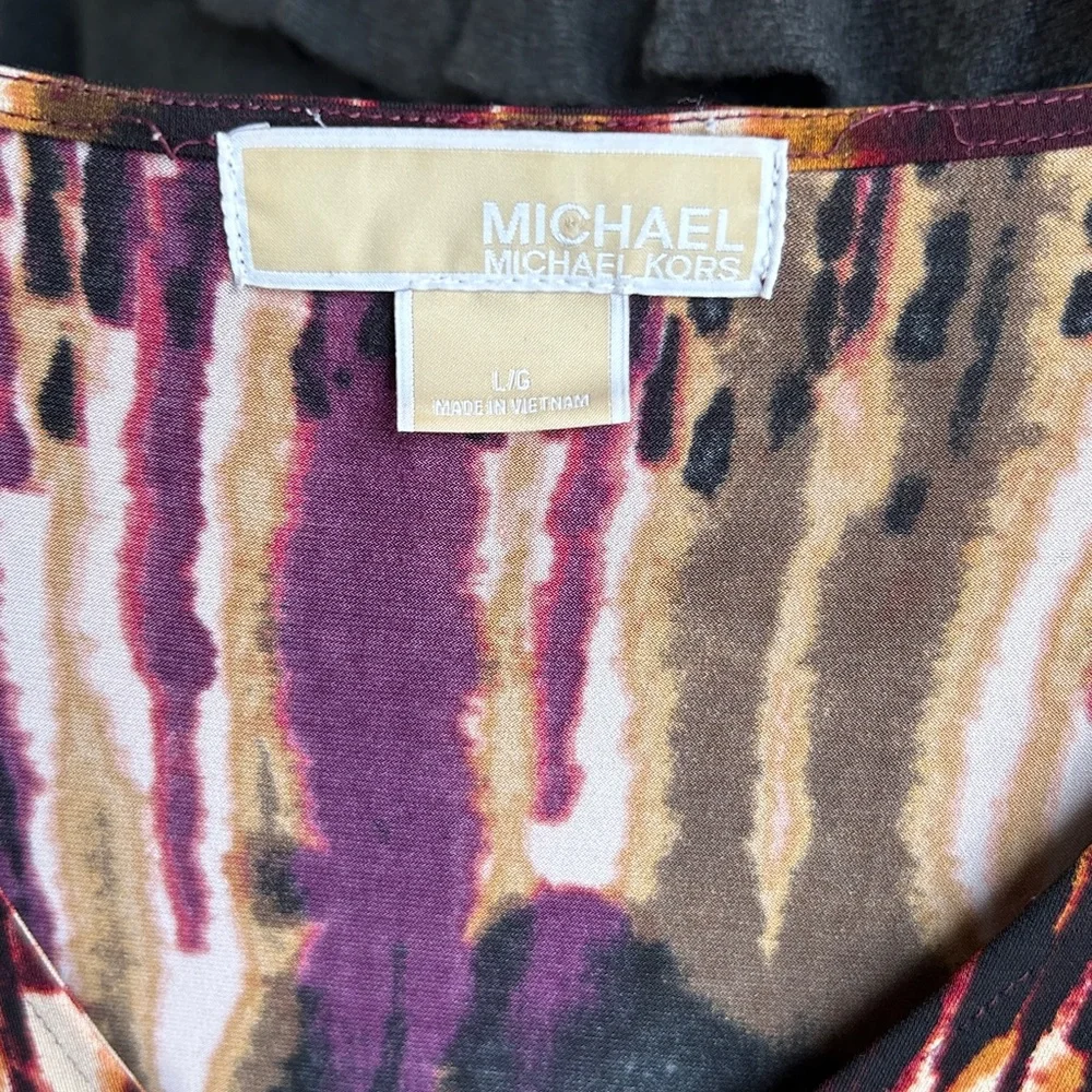 Michael Kors Merlot Purple Brown Black Tan Brown Abstract Dolman Sleeve Blouse